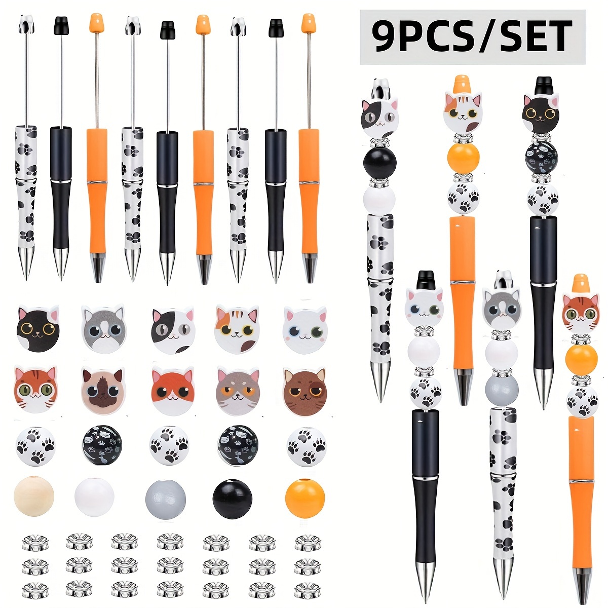 

9pcs Cute Cat Bead Diy Ballpoint Pens Set - Fine Point, Quick Drying Plastic Stick Pens For Smooth Writing, Twist Closure, Round Body Shape - Perfect For Office And Gifting (assorted Styles)