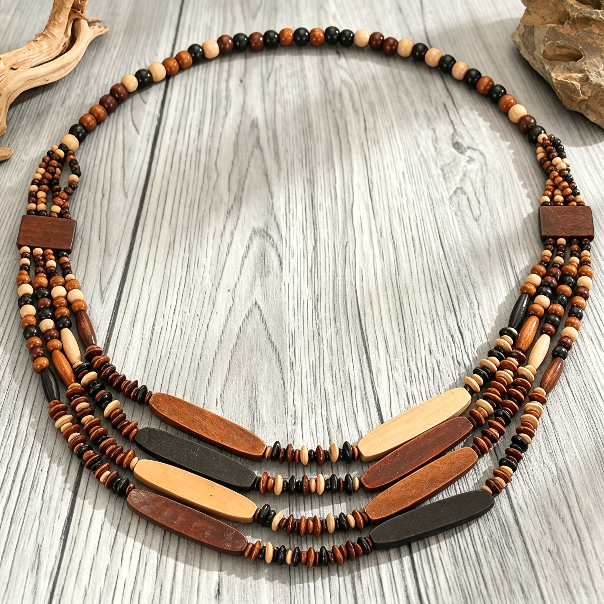 TEMU Collar bohemio de 1 pieza con cuentas en capas - Cuentas de madera natural, cadena multicolor en capas, adecuado para uso diario, fiestas,