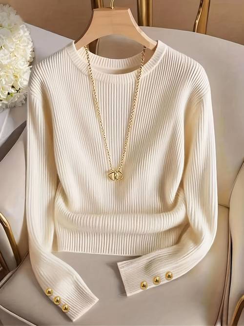 womens solid color elegant round neck metal button decor long sleeve t shirt top and delicate suitable for spring and autumn vintage fashion elegant for daily wear office wear party wedding holiday wear