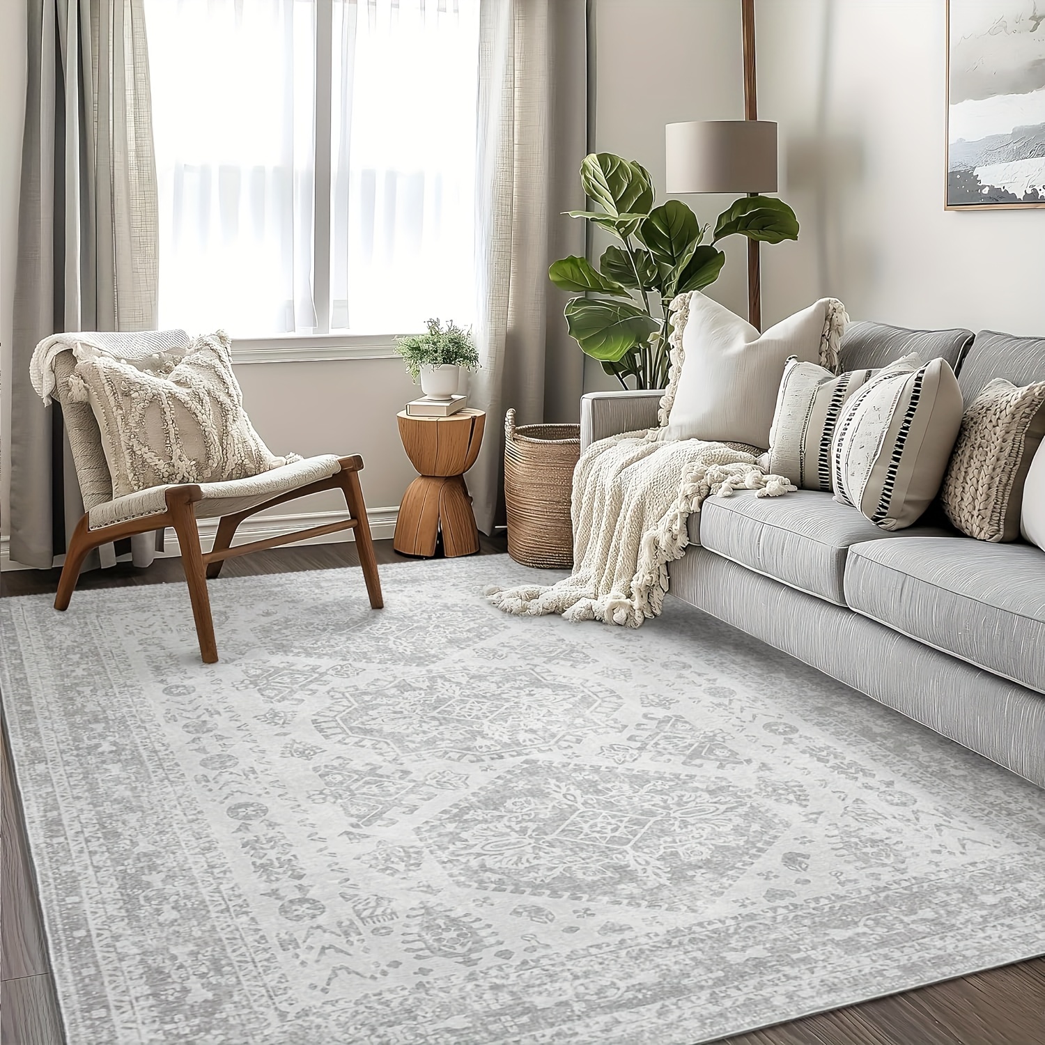 

Area Rugs Machine Washable Rug For Living Room Bedroom, Vintage Distressed Print Grey Floral Medallion Accent Throw Rug, Low Pile Ultra-thin Lightweight Non Slip Backing