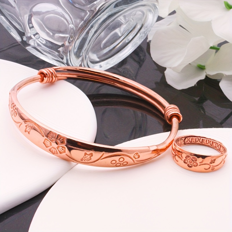 TEMU 2pcs Women's Jewelry Set (1 Ring + 1 Bracelet), Fashion Jewelry, Copper Material, Suitable For Daily Wear, Floral Fashion Jewelry