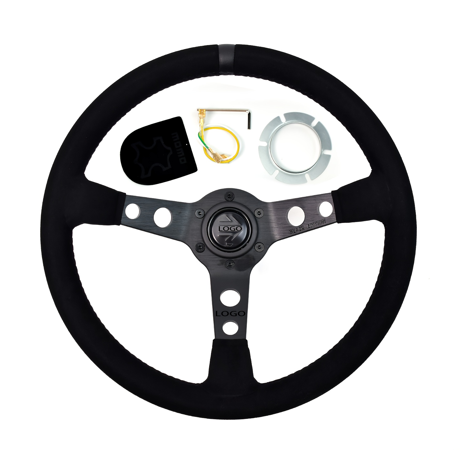 TEMU 350mm 13.78" Black Jdm Racing Steering Wheel - M. Microfiber Leather, With Metallic Accents, Fit For Car Modification & Simulated Racing Games,
