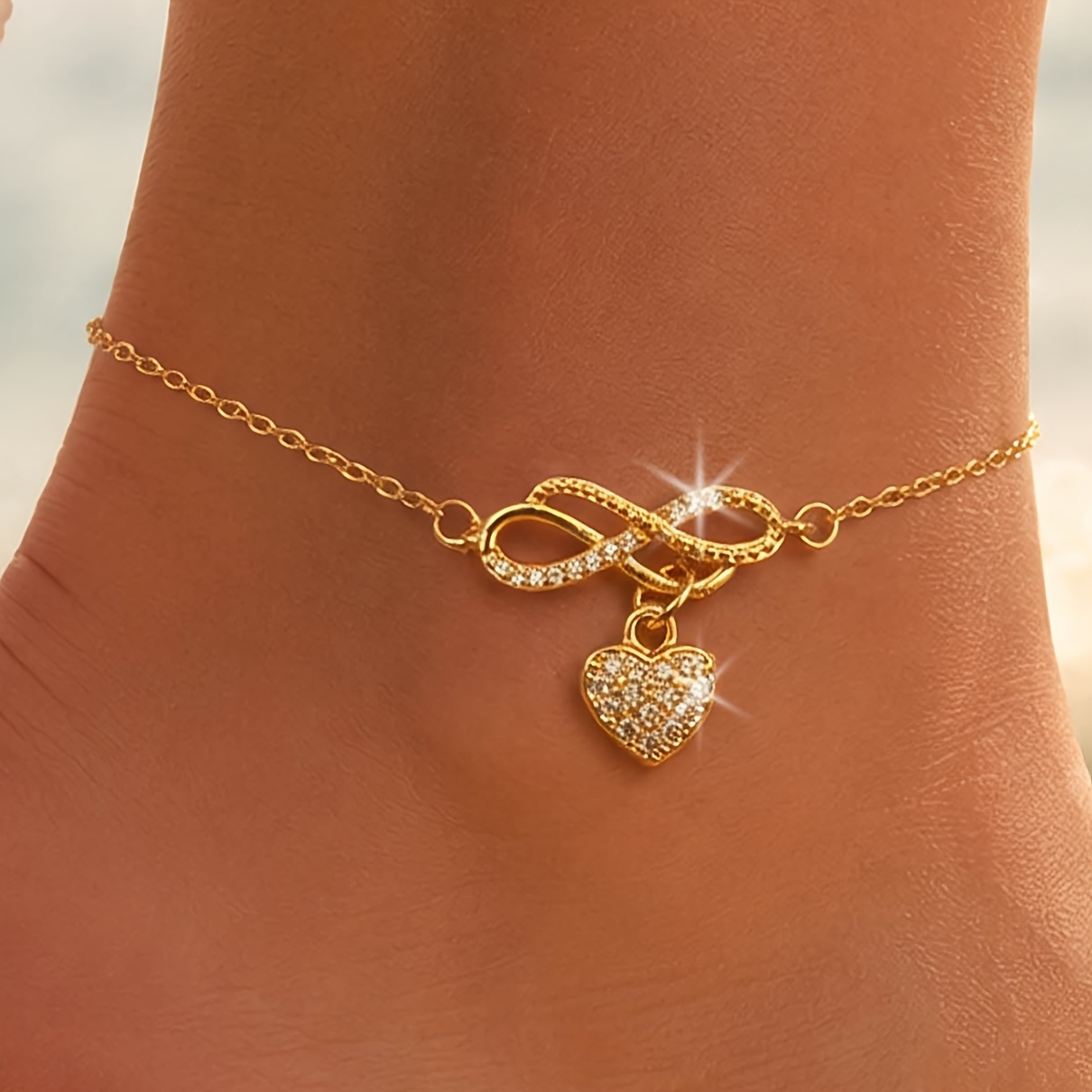 TEMU Znice 1pc 18k Golden Plated Women's Sweet Elegant Heart Pendant Infinity Symbol Anklet Waterproof Durable Suitable For Daily Life/summer Beach