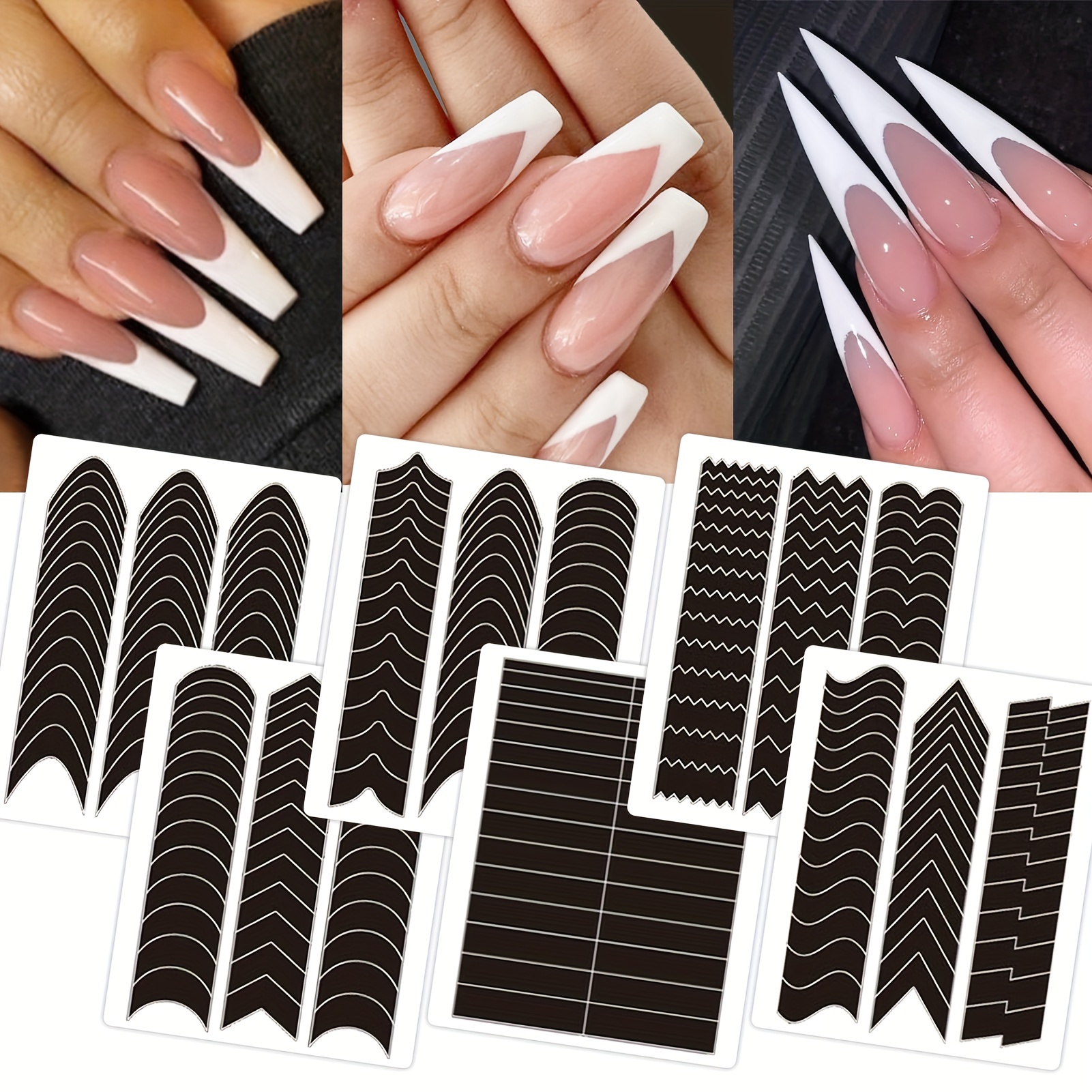 

1422pcs French Tip Nail , Self-adhesive French Moon Shaped V-shaped Manicure Strip Stickers For Edge Auxiliary Black Diy Decoration Stencil Tools(11 Designs, 36 Sheets)