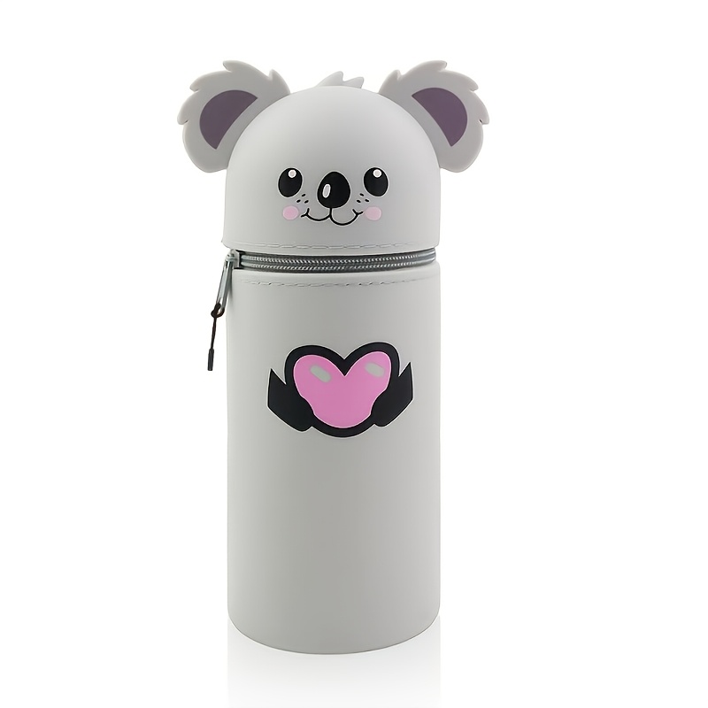 Silicone Pencil Case, 2-in-1 Cute Koala Love Heart Stationery Pouch, Multi-functional Design, Large Capacity Zippered Pen Case, Expandable Silicone Desktop Pencil Holder, Creative Study Supplies