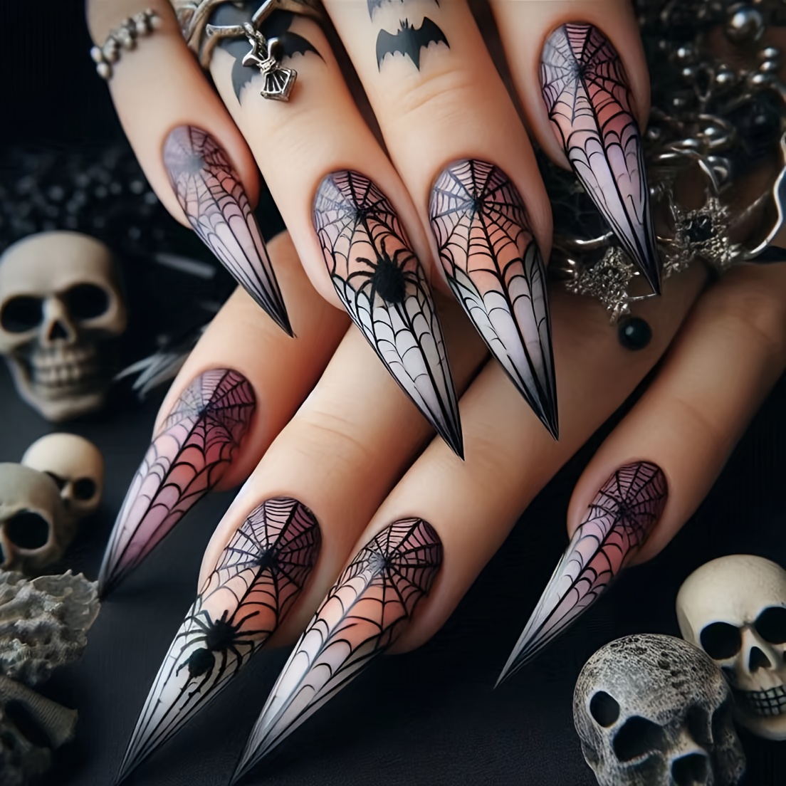 Image of Halloween Style Women's Fake Nails White And Nude Color Teardrop Shape Long With Halloween Web Gradient Glossy Manicure Suitable For Women And