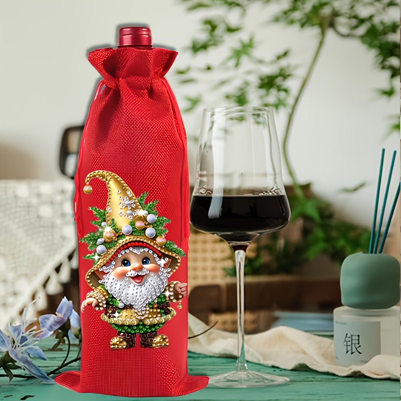 TEMU 1 pièce Sac à vin en lin fait main pour peinture diamant 5D, convient pour hôtel et décoration, à cordon de serrage mosaïque gnome de Noël avec