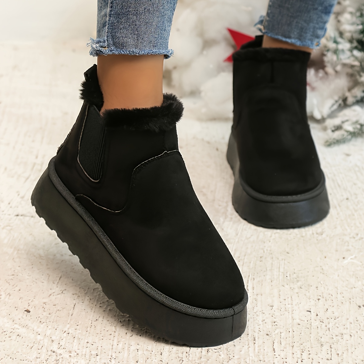 

Women's Boots - Casual Slip-on, Mid-calf With Platform Sole, Round Toe, Plush Fabric For And Style, Winter Footwear|round Toe Footwear|fabric Snow Boots, Winter Boots