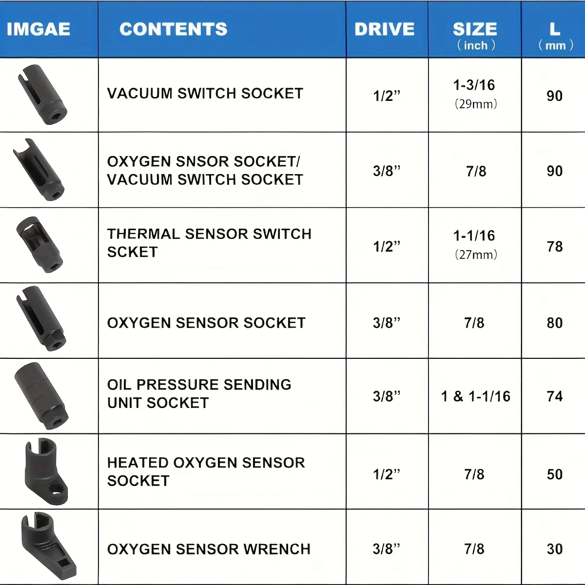 1 set of 7pcs oxygen sensor socket set for all vehicles o2 removal installation universal puller removal tool 22mm 7 8 27mm 29mm details 1