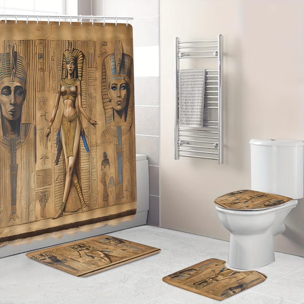 

1/4pcs Egyptian Mural Pattern Shower Curtain Set, Waterproof Bath Curtain With Hooks, U-shaped Mat, Toilet Cover Mat, L-shaped Mat, Bathroom Decor Accessories