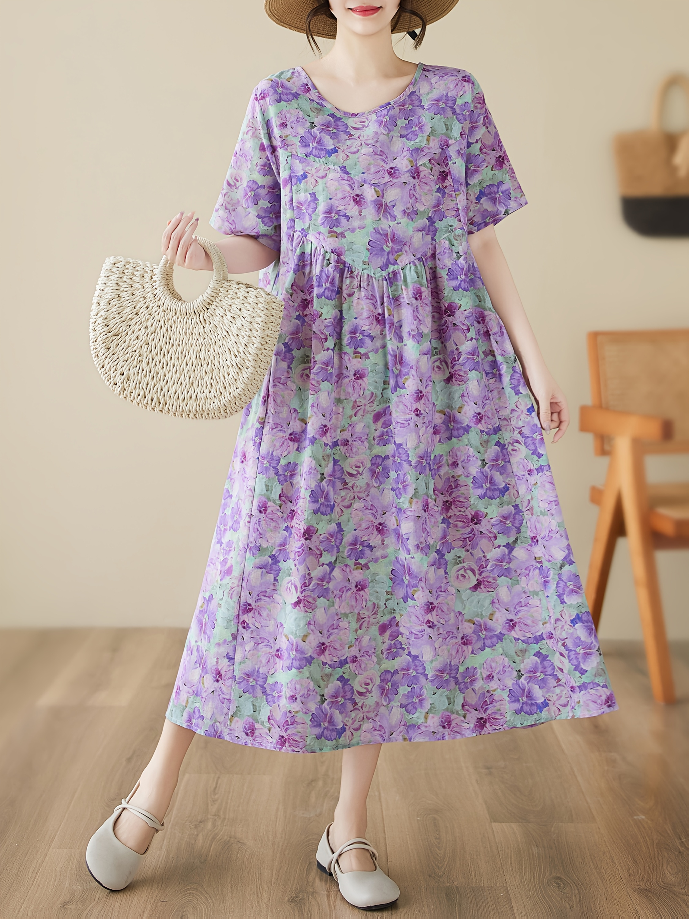 Women's Vintage Floral Print Linen A-Line Dress - Short Sleeve Round Neck  Loose Fit with Pockets womens vintage floral print linen a line dress short sleeve - Temu United  Arab Emirates
