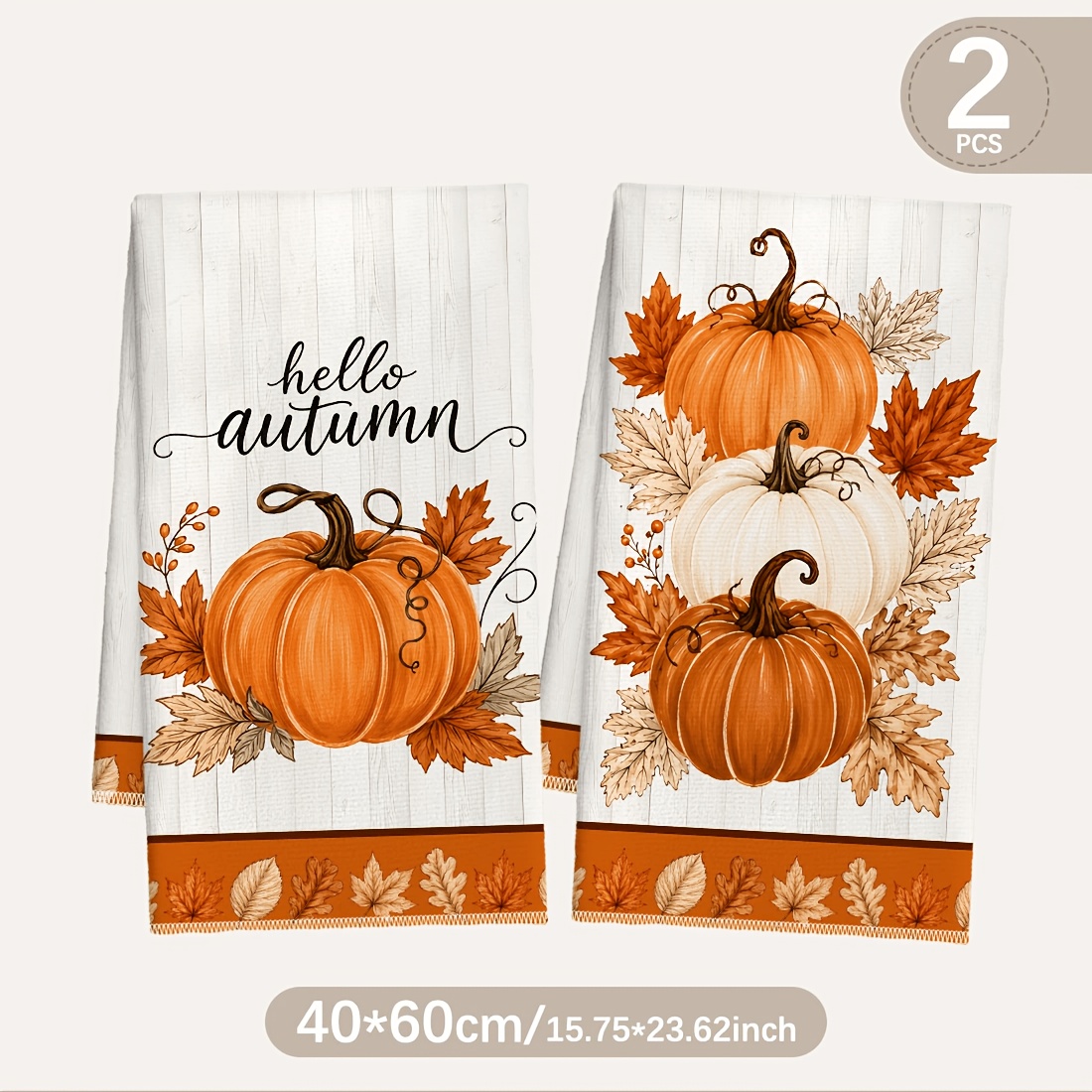 TEMU 2pcs Set Of Wood Grain Bottom Pumpkin Maple Leaf Printed Kitchen Towels, Microfiber Polyester Material, Hello Autumn Hand-drawn Decorative