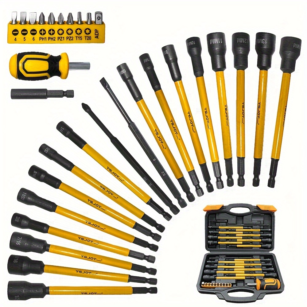 

30pcs Magnetic Nut Driver Set With 6" Long Shank - Metric & Sae, Impact Drill Compatible, Hex Shank, Ph1 & Ph2 Bits, Includes Storage Bag