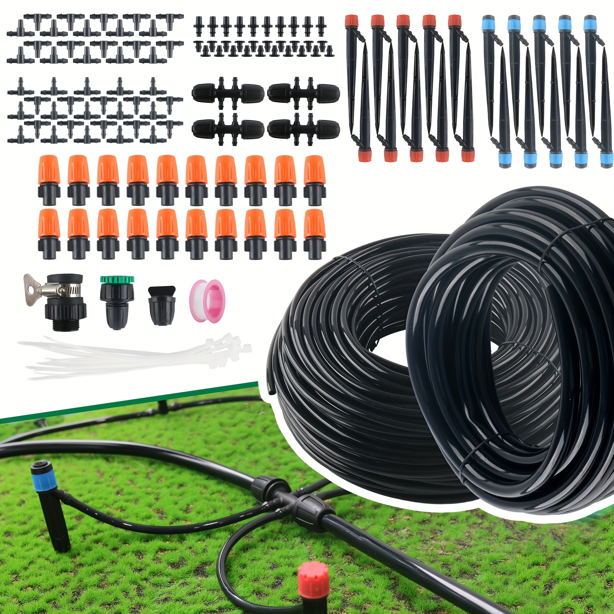 

226ft Greenhouse Micro Drip Irrigation Kit Automatic Irrigation System Patio Misting Plant Watering System With 1/4 Inch 1/2 Inch Irrigation Tubing Hose Adjustable Nozzle Emitters Barbed Fittings
