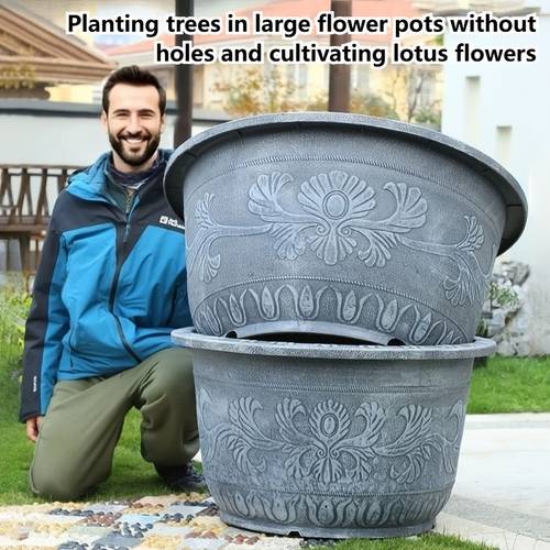 2pcs large diameter relief circular resin flower pots imitation cement gray large flower pots non aquatic plant containers courtyard for lotus pots garden tree planting flower pots suitable for courtyard decoration