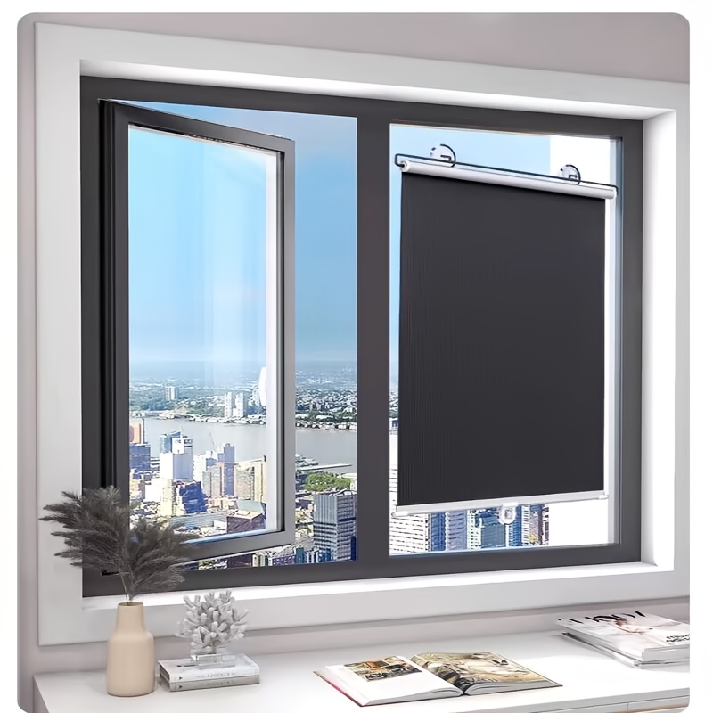 1pc All-black Sunshade Roller Shade, Glass Sun Protection, Heat Insulation, Light Blocking Curtain, Suction Cup Installation, No Drilling Required, Extendable Sun Shield