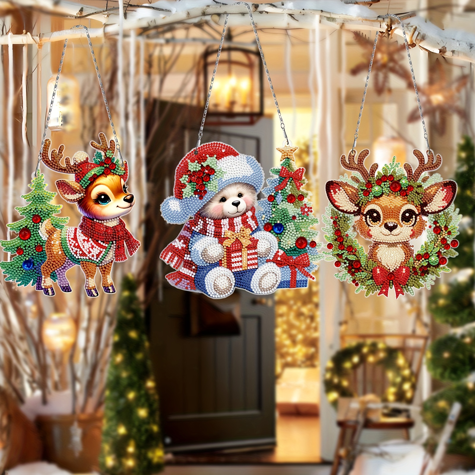 

3pcs Diy Diamond Painting Kit - Christmas Ornaments Set Adorable & Bear , For Decor, Parties, And