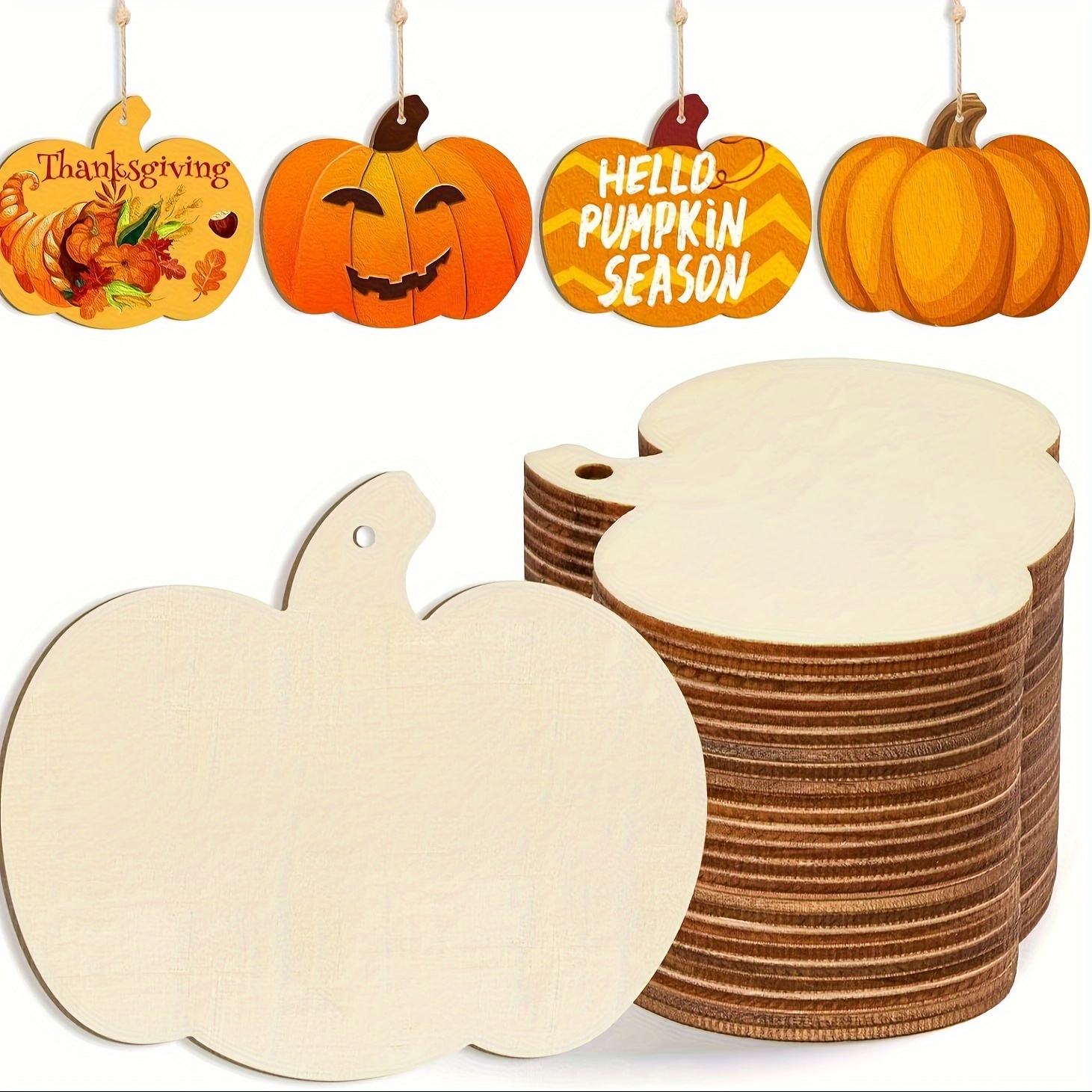 

10 Pack Blank Pumpkin Shaped Wood Slices For Diy Crafts - Contemporary Style Manufactured Wood Hanging Ornaments For Fit , Thanksgiving & Halloween Decor With Hanging Rope Included