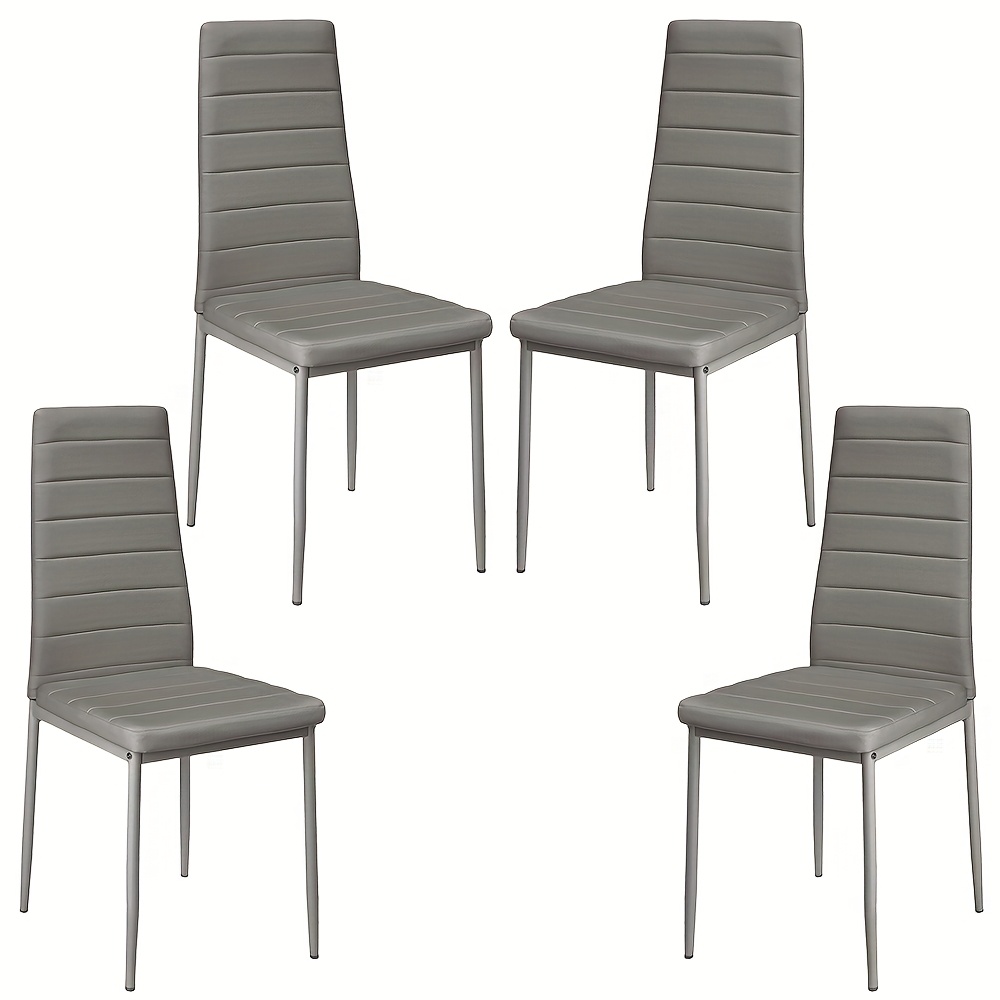 Image of 4pcs Faux Leather High | Back Dining Chairs Set | Grey Metal Legs With Thick Padded Seats | Classic Kitchen, Office & Restaurant Chairs (grey) | Water-resistant Faux Leather & Anti-scratch Legs