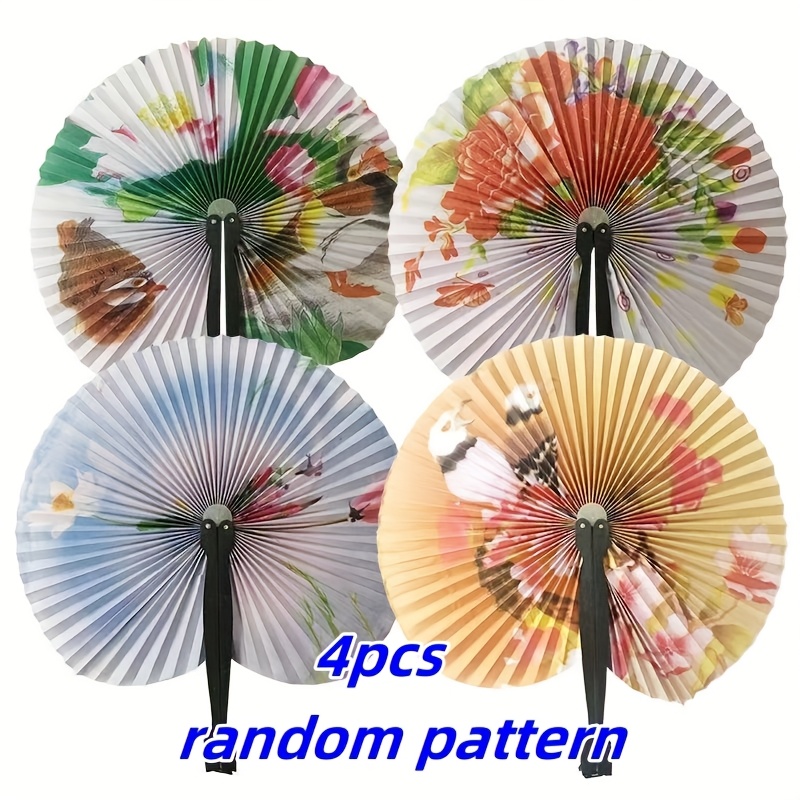 4pcs Mini Chinese Oriental Handheld Flower Folding Paper Fan Combination Wedding Birthday Party Gift (black Handle) With Random Fan Surface Patterns