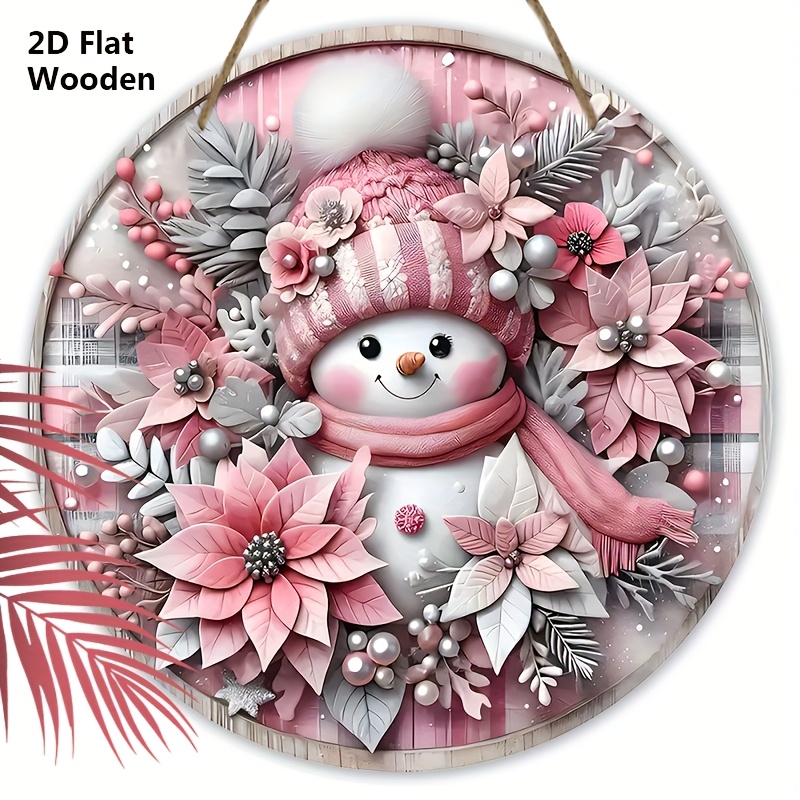 Image of 2d Flat, 1pc, 7.87in Wooden Pink Christmas Signs With Snowman , Decorative Plaques With Happy Christmas, Ideal For Front Door Wall Hanging Decor Ideal Christmas Decorationv