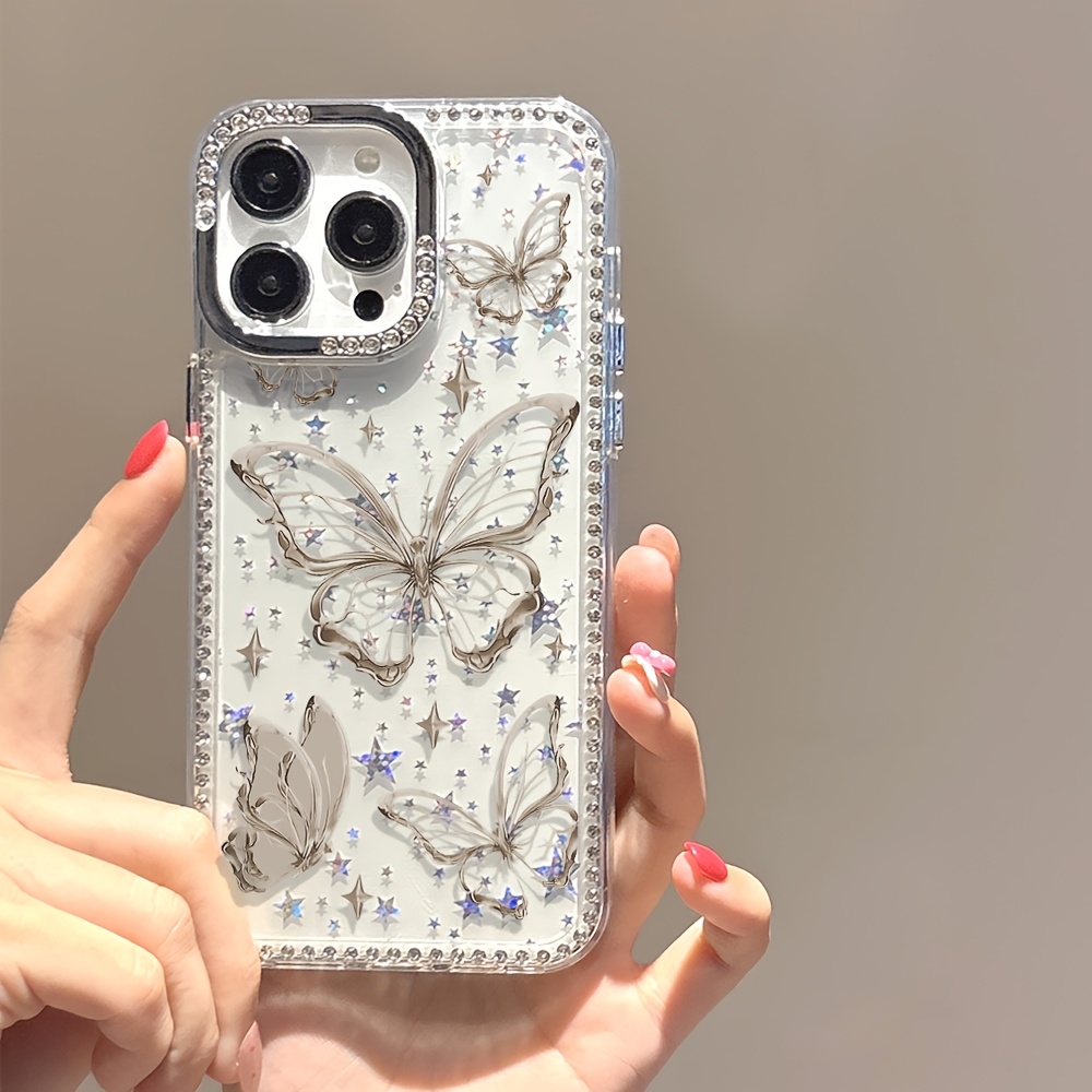 TEMU Phone Case - An Elegant Hollow Luxury Rhinestone Fashion Phone Case, Featuring A Transparent Border And Shockproof Design