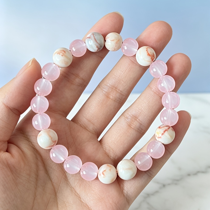 Gentle Light Pink Polished Round Bead Elastic Bracelet