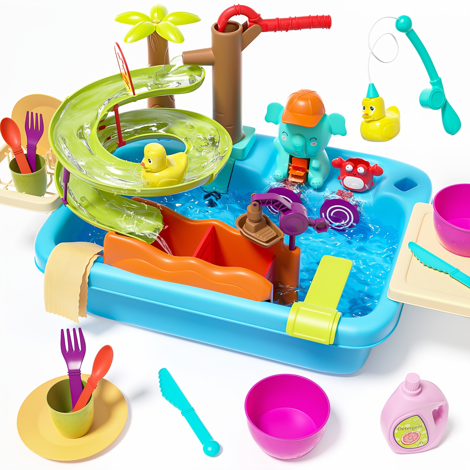 

Cute Stone Play Sink With Running Water, Dishwasher Play, Toy Kitchen Sink With Manual Faucet, Water Slide Track, Fishing Toys, Pretend Water Play Sink For Kids Boys Girls