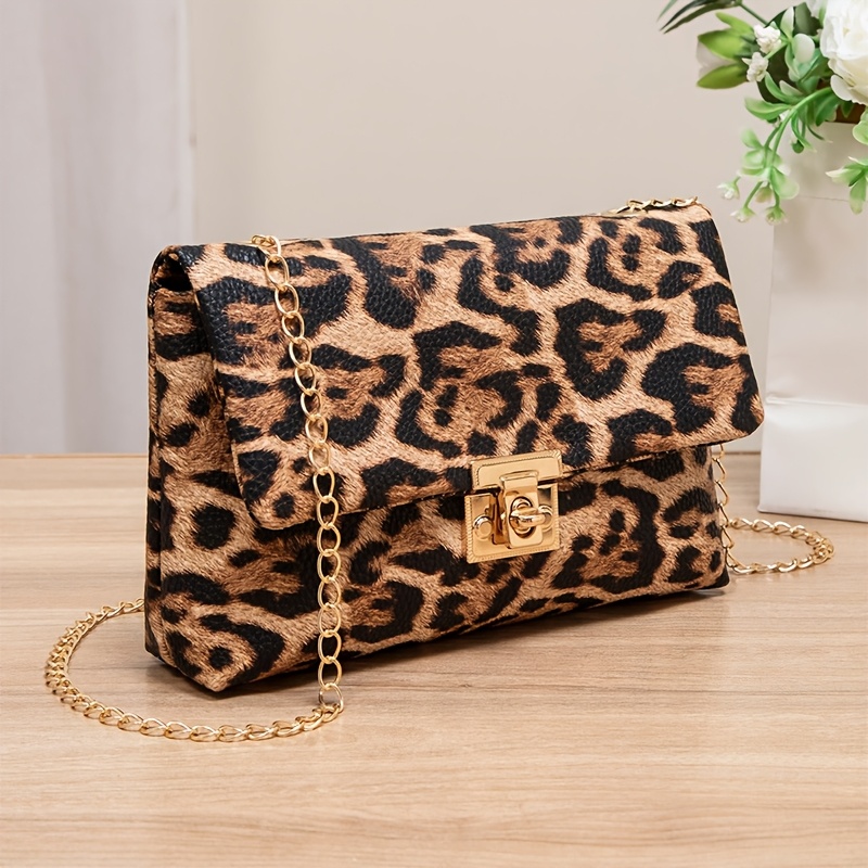 Image of Women' Leopard Print Crossbody Phone Bag With Safety Lock & Chain Strap - Leopard Suitcase Detachable Purse Suitable For Commuting, Travel, Everyday