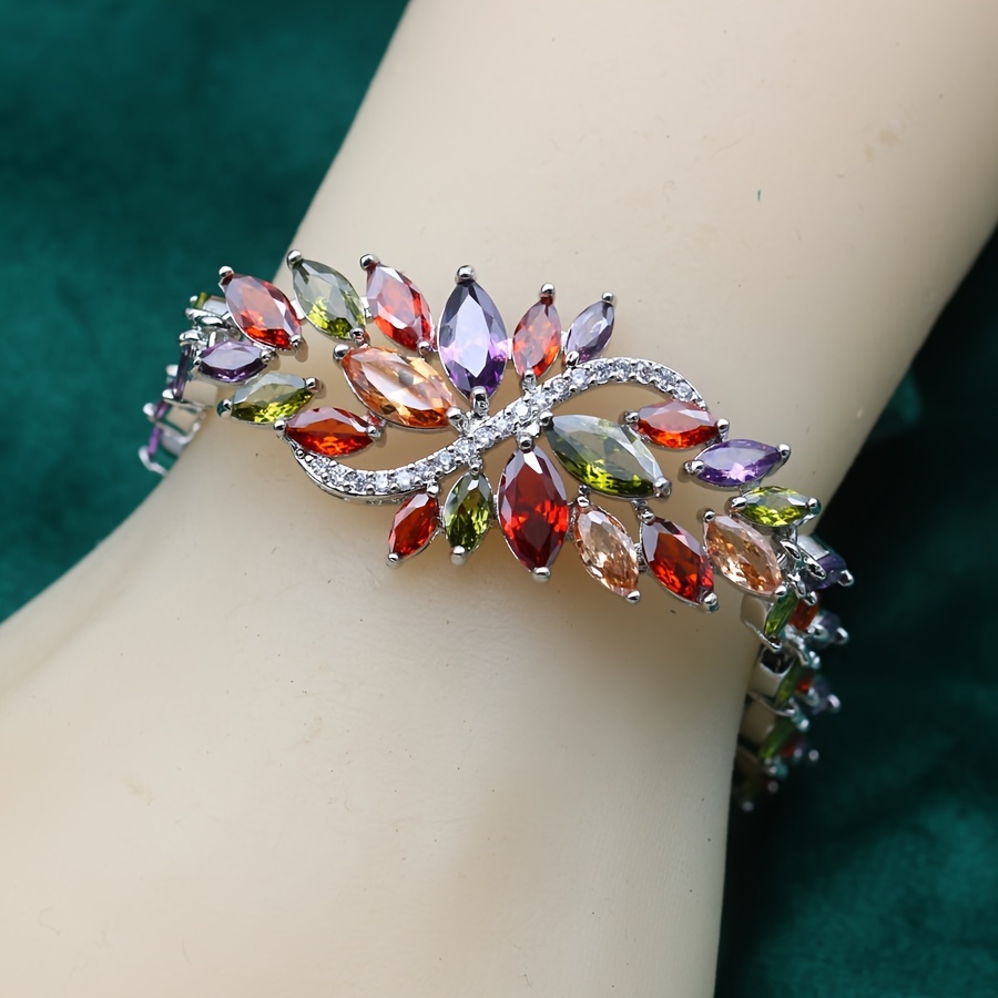 Flower Statement Bracelet For Women - Platinum Plated Copper With Full Synthetic Zirconia Inlay, Adjustable Clasp For Wedding And Festive Occasions, Valentine's Day Gift