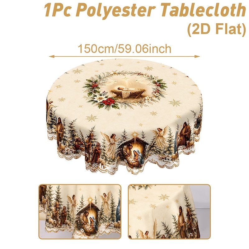 TEMU Nappe de Noël 2D Plate, 1 pièce, Couronne de Noël et Crèche, Nappes Rondes et Rectangulaires, Décoration de Table pour Table à Manger, Parfaite