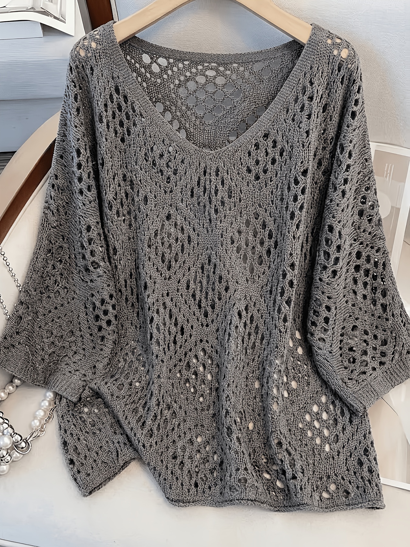 plus size plus size plus size womens   flower loose   hollow round neck pullover long sleeve sweater