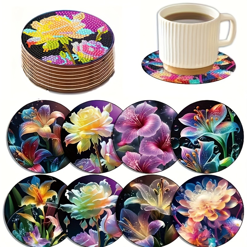 8pcs Diy Diamond Painted Coaster Set, Floral Pattern Mosaic Beverage Coaster, Table Mat, Non Slip Coaster, Christmas Decoration, Handmade Gift "without Stand"