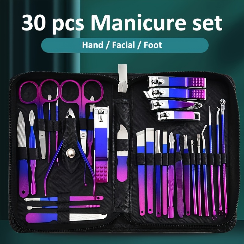 

de manucure 30 pièces - -ongles en inoxydable, droite, kit de des ongles non ciseaux, outils à cuticules et étui de rangement