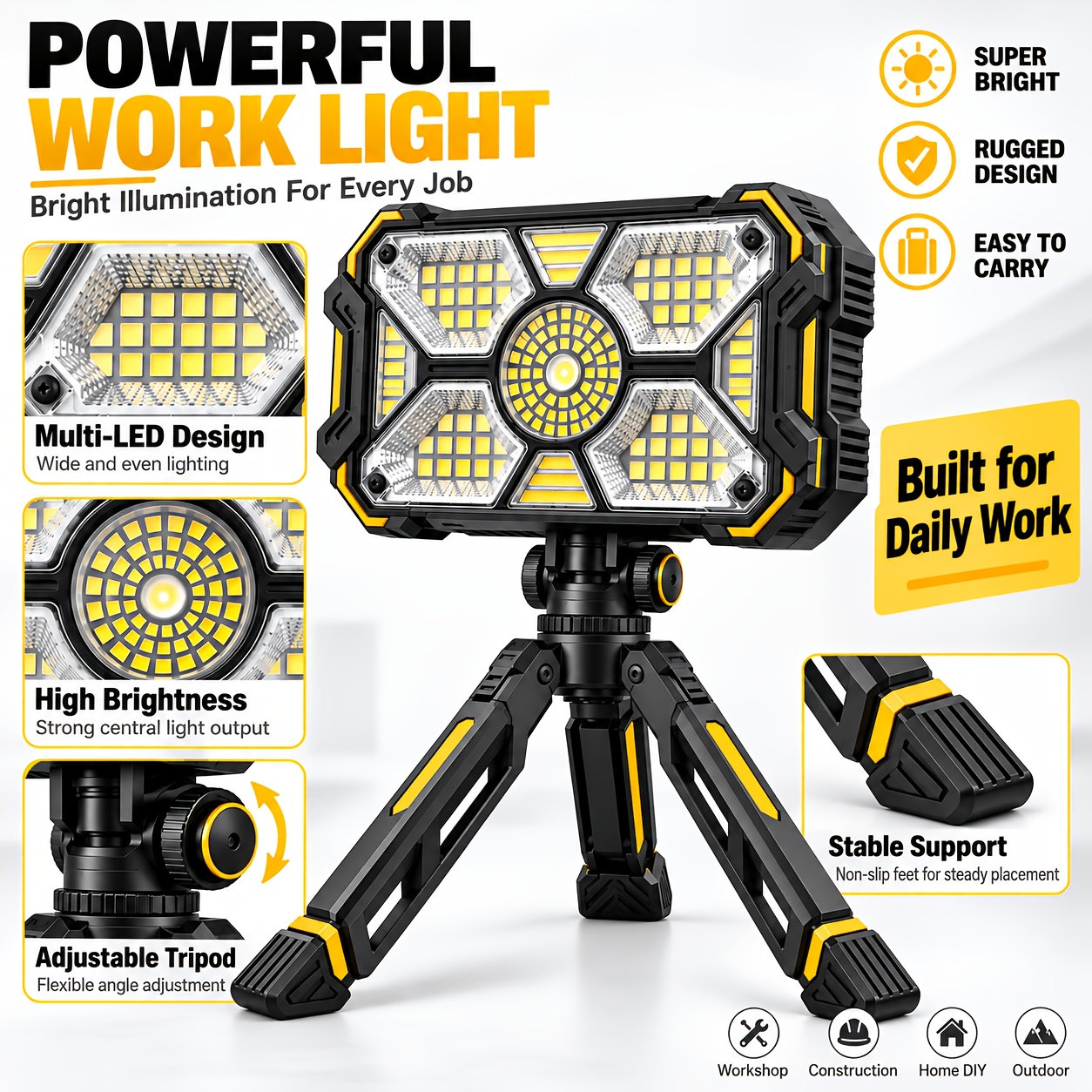TEMU Rechargeable Solar Camping Lamp With Triangular Bracket, Portable Led Floodlight, 4 Lighting , Lamp, Magnetic Base, Solar Energy And Usb Dual