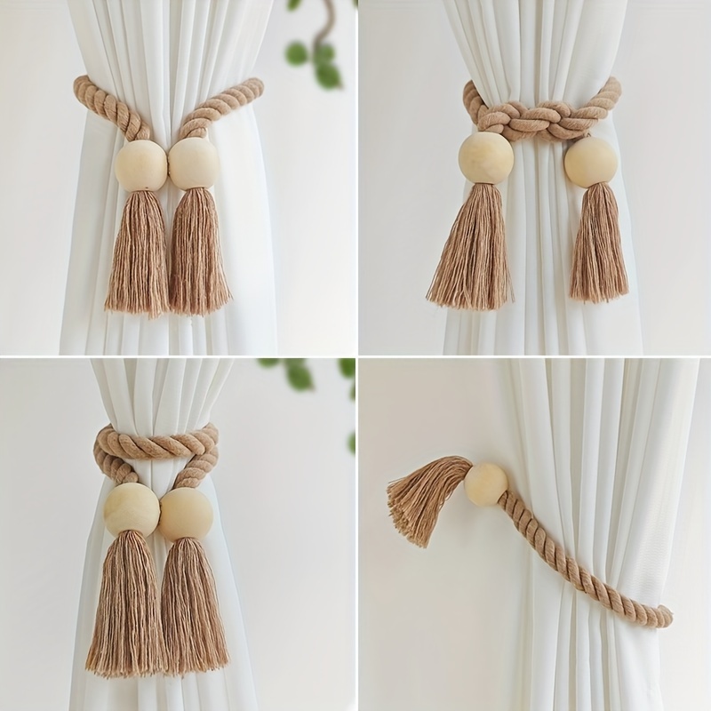 

2pcs Contemporary Style Cotton Curtain Holdbacks With Wooden Tassel And Magnetic Tiebacks For Bedroom, Living Room, And Kitchen Decor