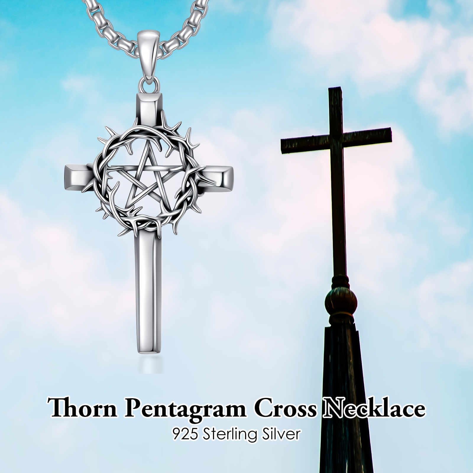 Chunky Pentagram Cross Necklace in 925 Sterling Silver