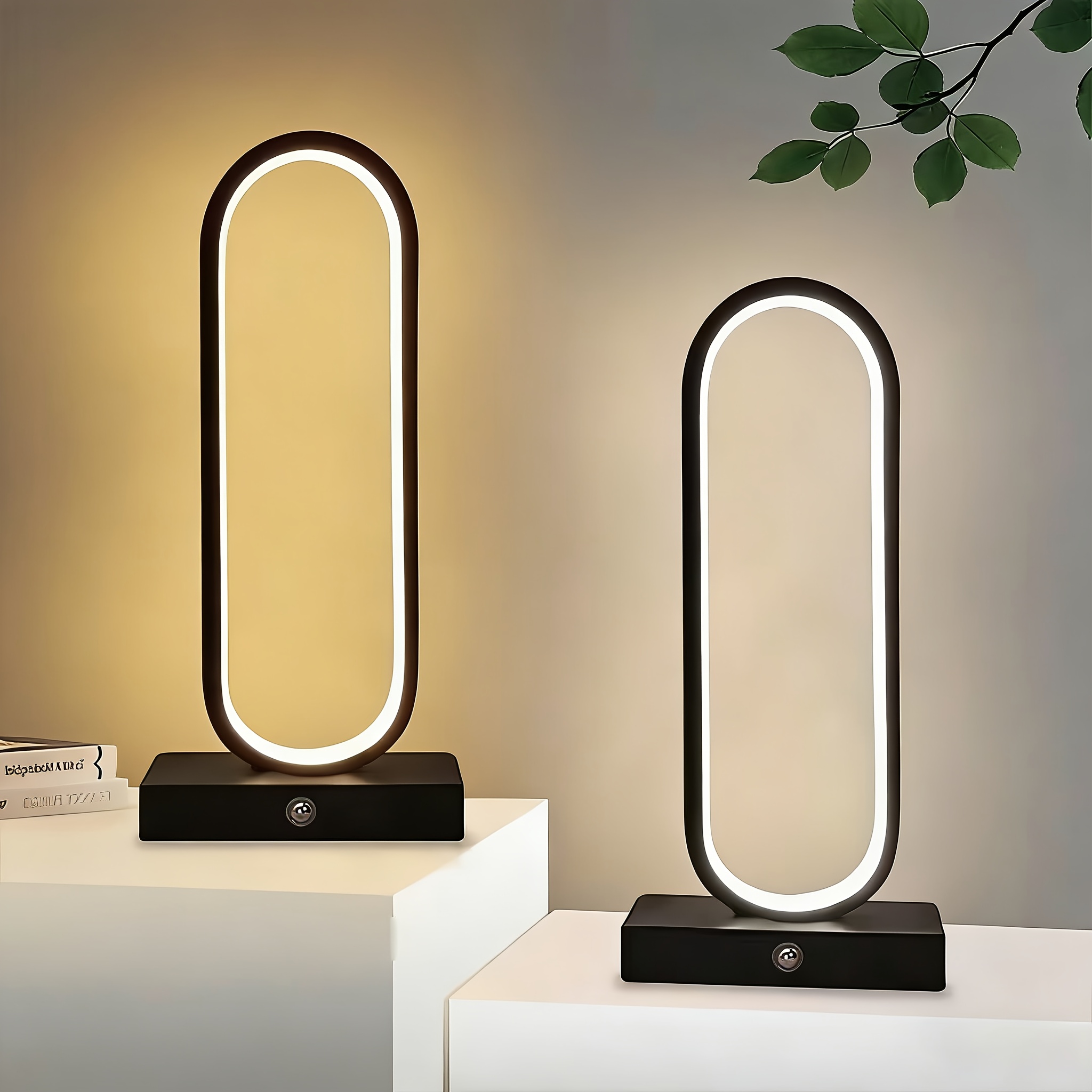 TEMU 2pcs Control Led Ring Office Table Lamp, 3-color Adjustable Led Table Lamp, Bedside Night Light, Usb Charging, Metal Base, Suitable For Living