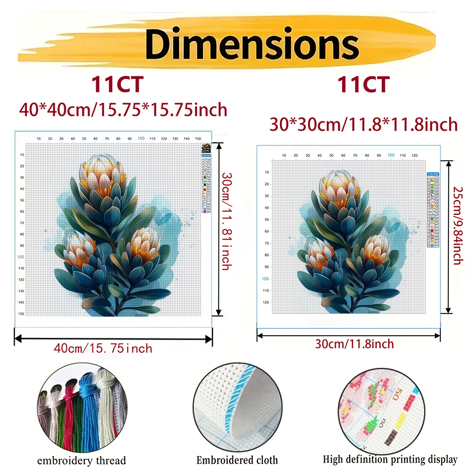 Cross-Stitch Printing Kit Featuring Three Blue Leaf Watercolor Flowers