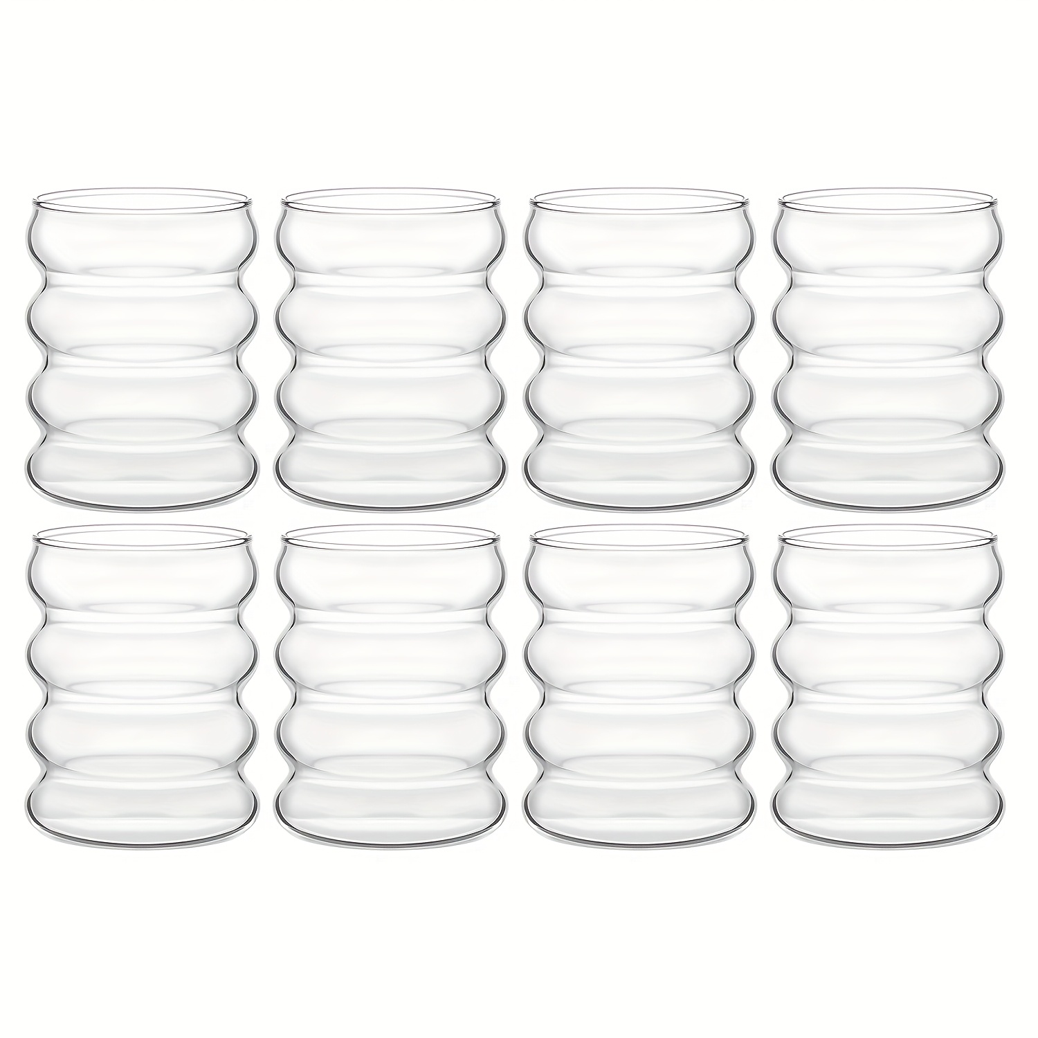 E-shop Lager, Glasbecher mit gewelltem Faden-Design, erhältlich in Sets zu 8 Stück. Mit Vintage-Ästhetik. Geeignet für Roostertails, kalte Getränke,