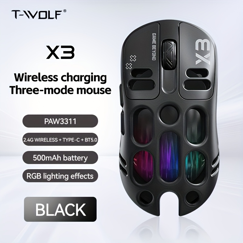 wolf x3 gaming mouse - wireless 3-in-1 wireless, rgb lights, dual-color scheme, high-resolution sensor, usb & type-c charging, durable plastic for pc gaming & typing,  , rechargeable battery Product details 4