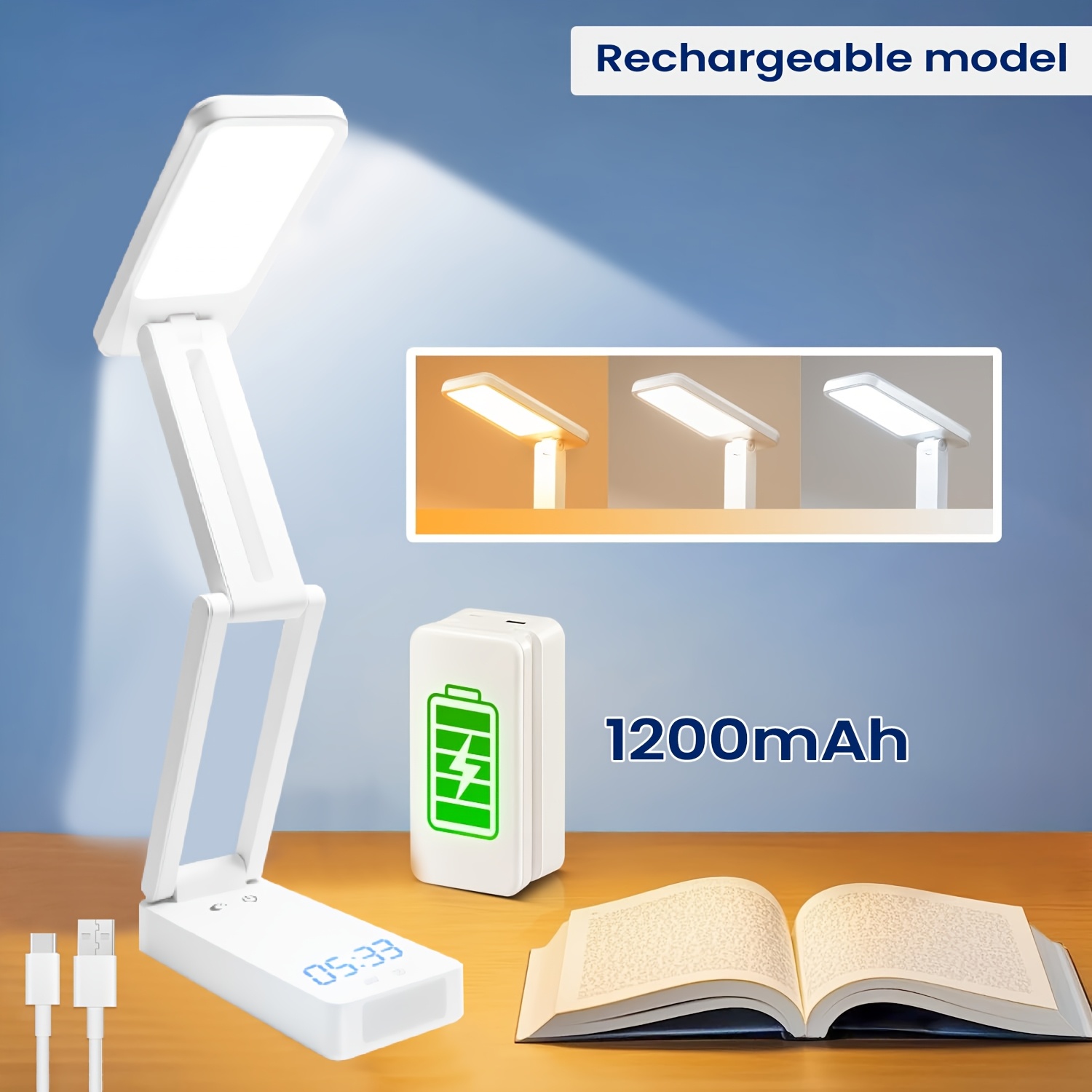 TEMU Portable Led Desk Lamp - Compact, Foldable Adjustable Brightness, 3-color Adjustable Light Table Lamp, Type-c Charging, Suitable For Home,