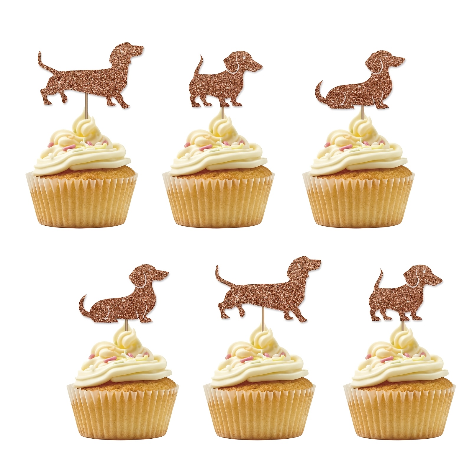 TEMU 12pcs Dachshund Cupcake Toppers, Pet Dog Birthday Cupcake Picks, Brown Glitter Puppy Picks, Hotdog Bar Party Supplies, Dachshund Party Supplies