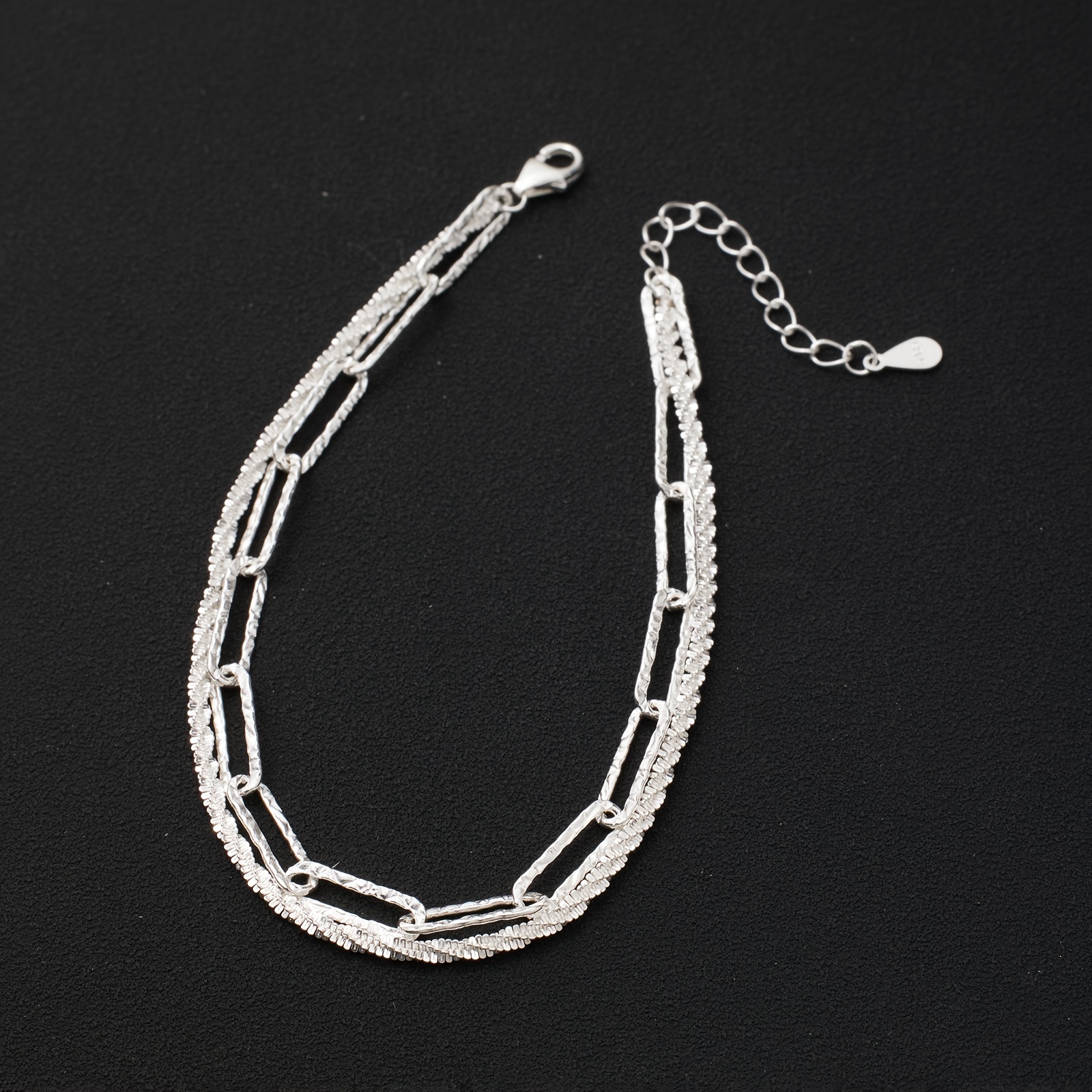 TEMU A Dazzling Double-layered Hammered Pattern Paperclip Chain Made Of 3.72g Of 925 Silver, Combined With A Cauliflower Chain Bracelet, Bling Bling.