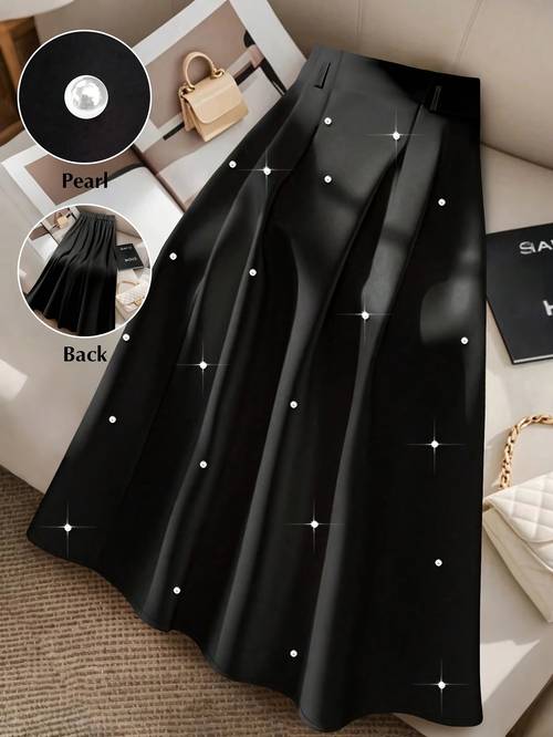 womens elegant casual pearl decorated midi skirt