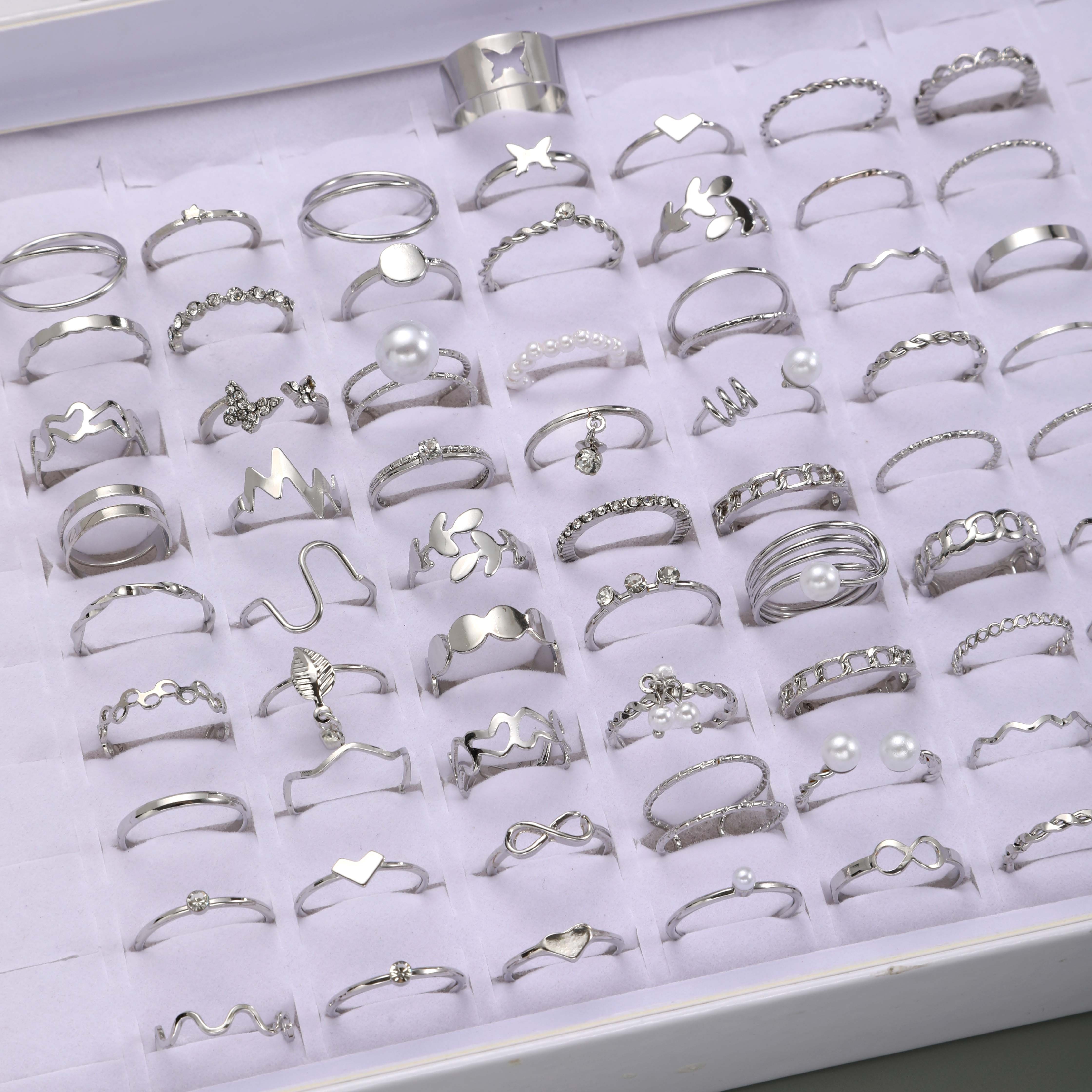 64pcs Gothic Silver Openwork Stackable Ring Set for Girls