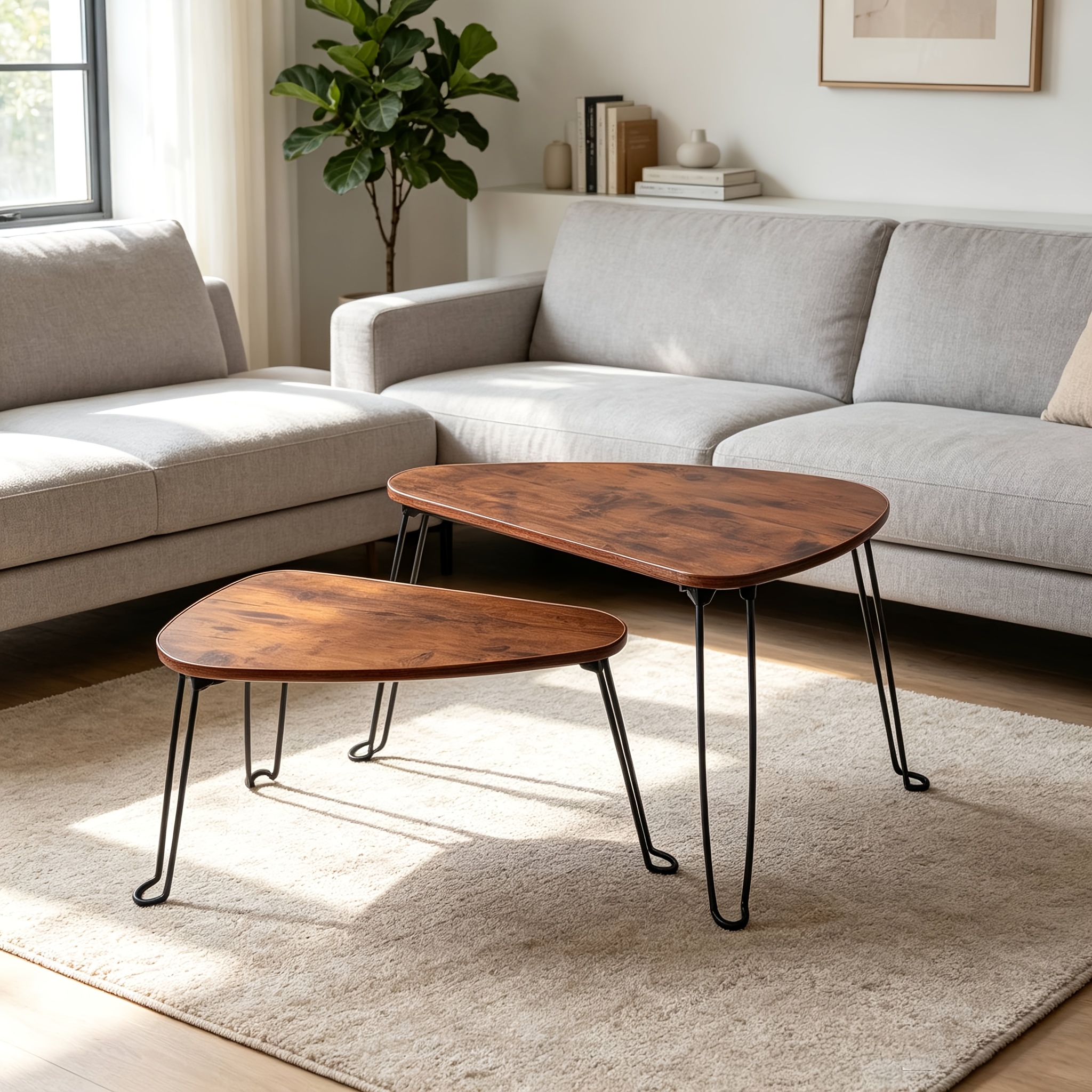 Image of Triangle Nesting Coffee Table Set Of 2, Stackable Sofa Side Table End Table, Easy Oval Cocktail Tea Table, Modern Accent Furniture For Home Office Bedroom (60x38x45cm + 52x29x35cm)
