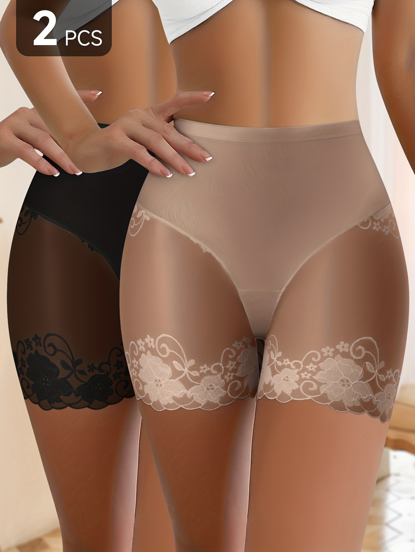 2 pack womens high waisted tummy control     trim shorts solid color elegant   underwear with contrast lace trim high   support smooth texture high waisted shorts