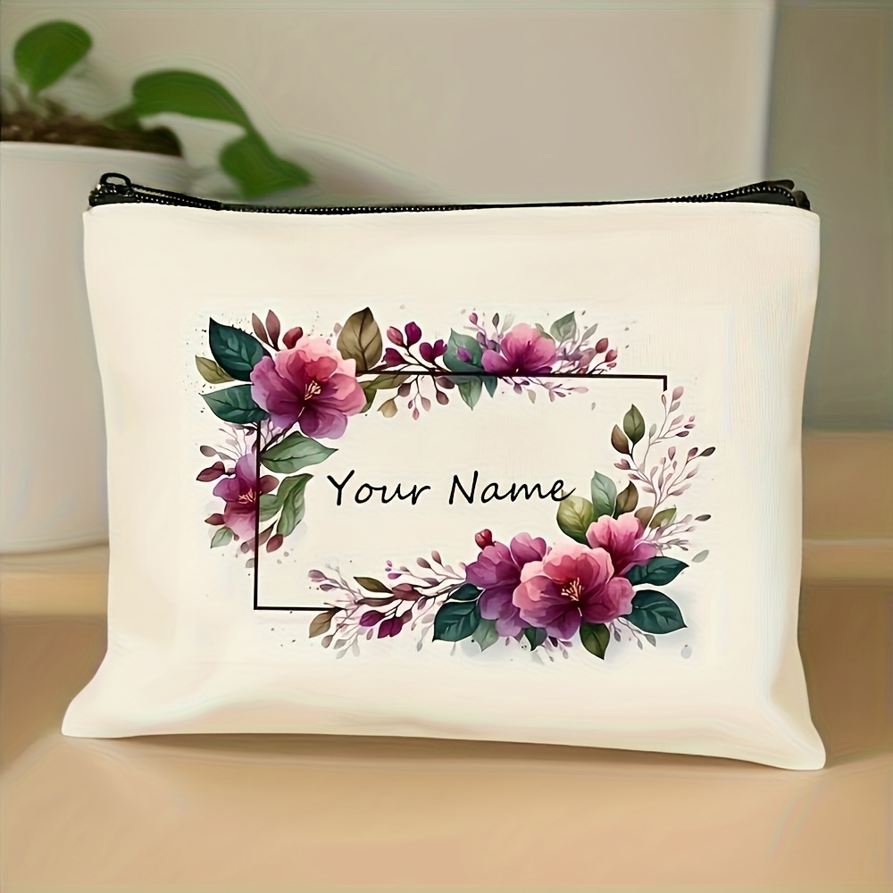 TEMU Vintage Makeup Bag, Customizable Name - Large Capacity Beige Cosmetic Organizer, Soft Elegant Zipper, Ideal For Women. Perfect Gift: