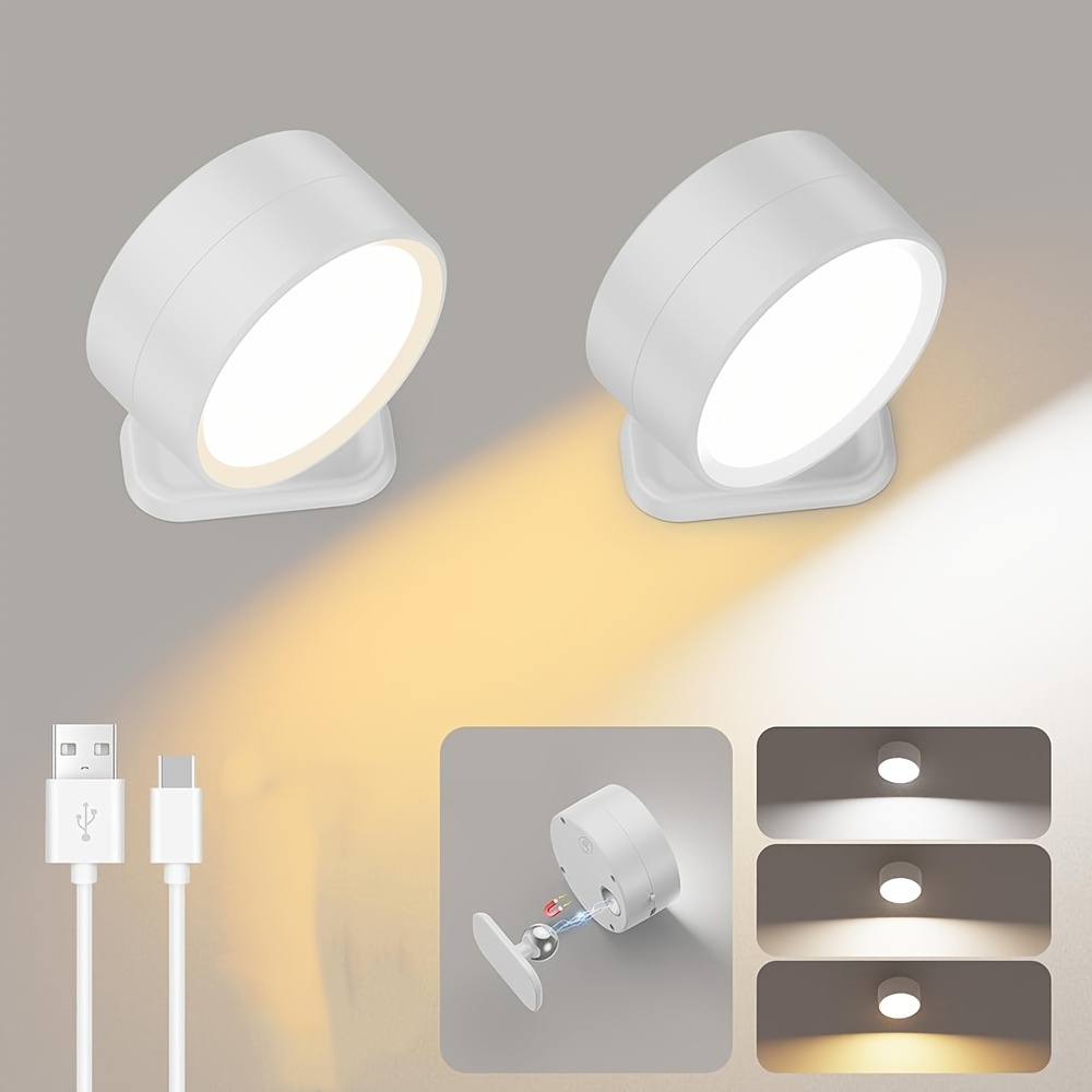 TEMU 2-pack Led Wall Mounted Lights - Magnetic Rechargeable Wall Control, 3 Color Temperatures & Of Brightness, 360°rotation Dimmable Cordless Wall